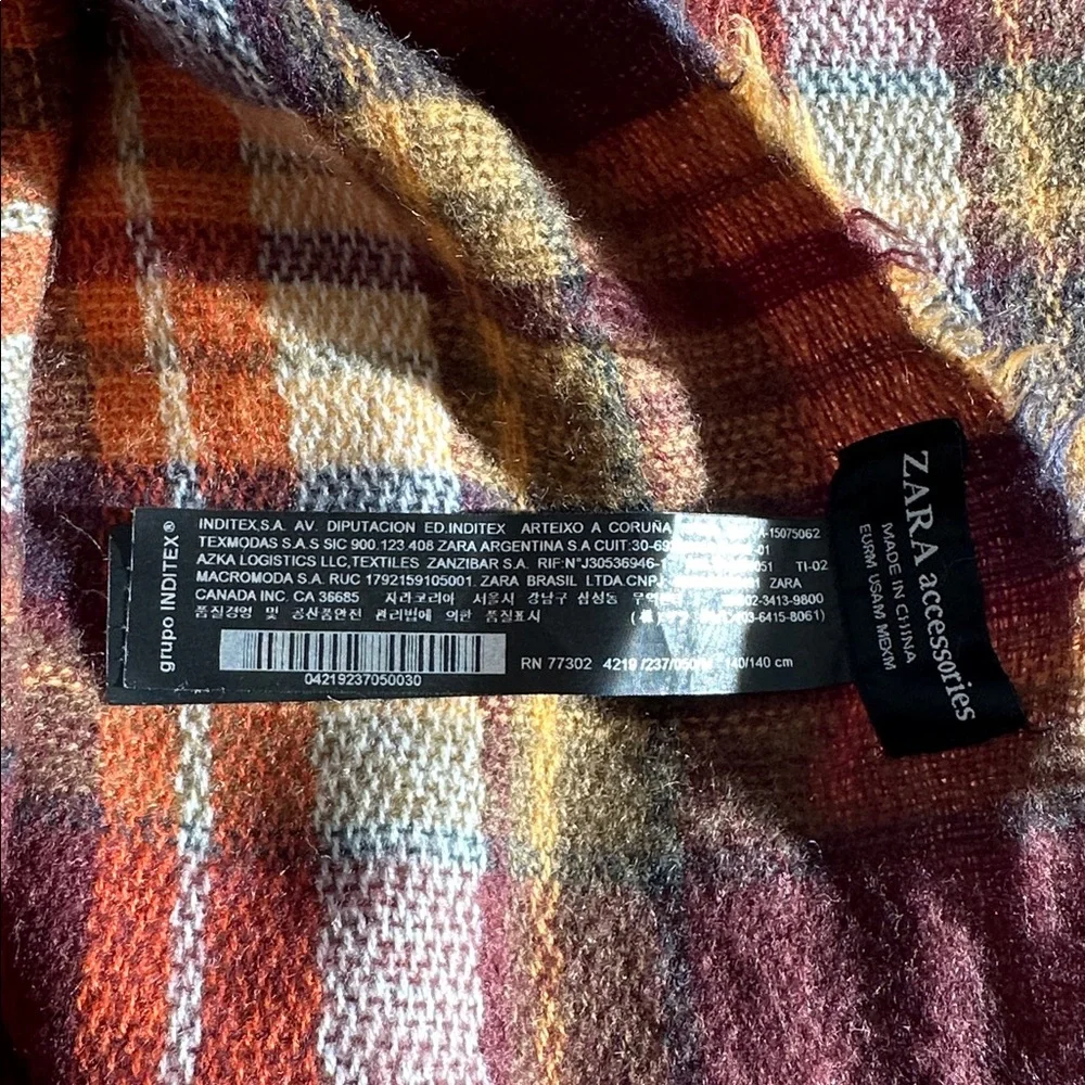 Zara Plaid Scarf Shawl Wraps in Burgundy and Orange Square 53” by 53”